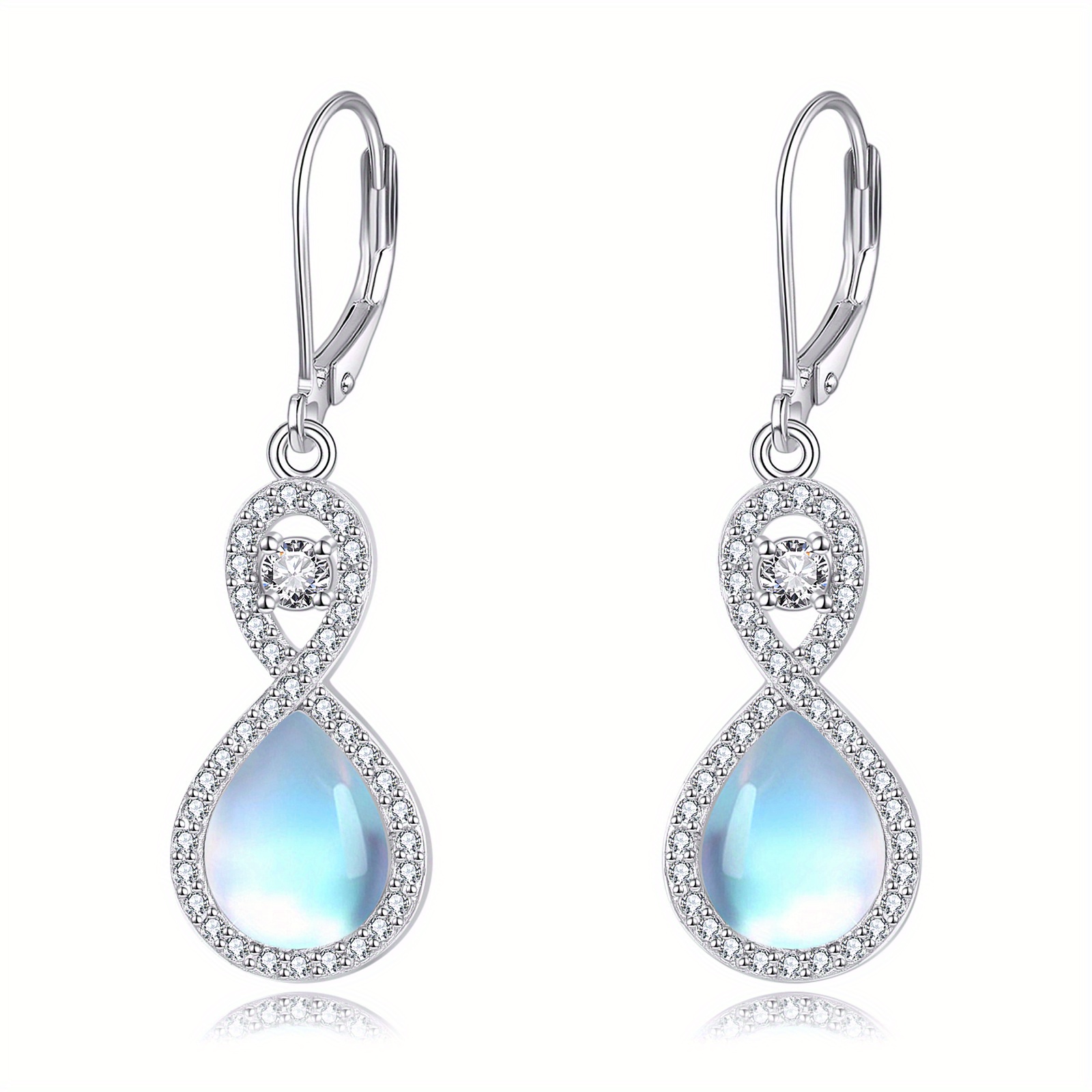 Dangle Earrings Featuring Moonstone Infinity Symbol, Teardrop Style